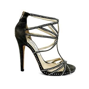 JIMMY CHOO Vendetta Crystal Suede Strappy Sandals in Hotfix Smoke